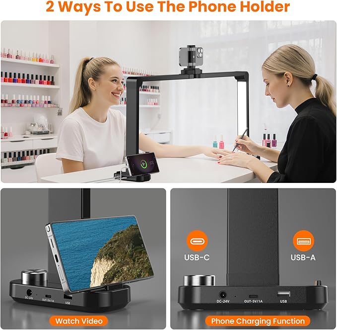 Nail Light for Desk,34 Inch 48W Half Moon Light-Adjustable 3000K-6000K Color Temp, 0-100% Brightness,Nails lamp with Phone Stand,for Nails Art,Tattoo,Eyebrow,Beauty,Reading,Salon