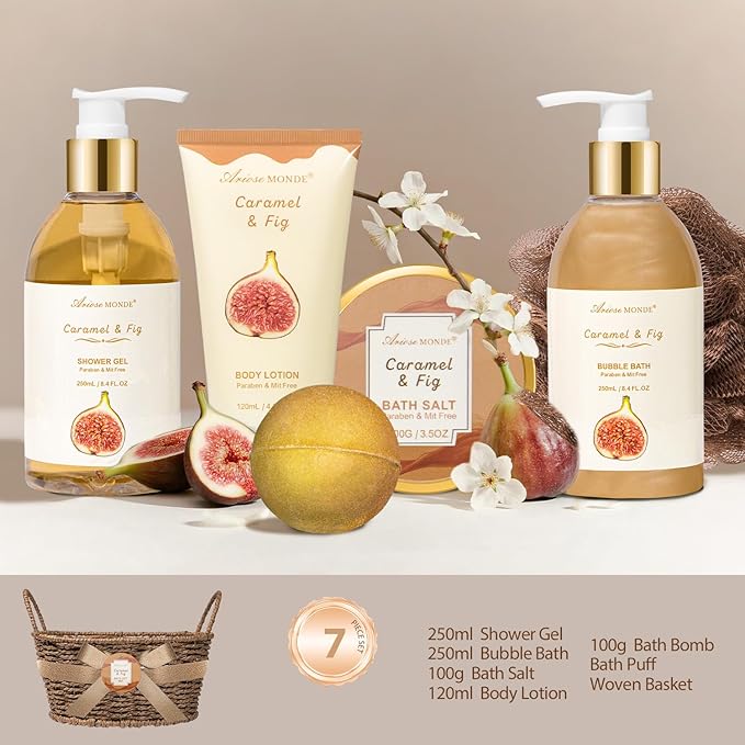 Christmas Gifts for Women Spa Baskets for Women Gift, Warm Caramel & Fig Bath Gift Set with Shower Gel Self Care Pampering Gifts for Mothers Day, Birthday, Anniversary Gift