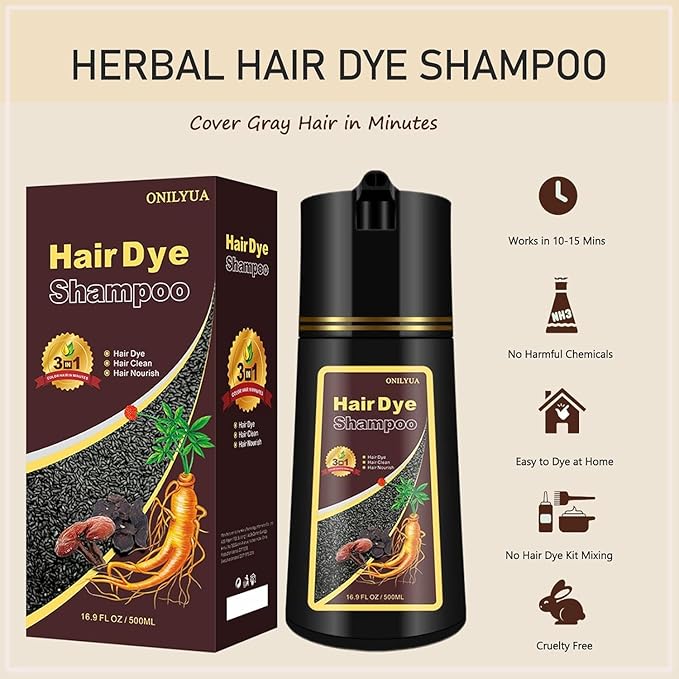 Instant Herbal Red Hair Color Shampoo - 3 in 1 Long-Lasting Hair Dye for Women and Men, 16.90 Fl Oz (Red Wine)