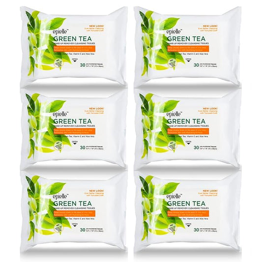 Epielle Green Tea Makeup Remover Wipes, Gentle Daily Facial Cleanser Towelettes, Remove Dirt, Oil & Waterproof Mascara, Stocking Stuffers, Thanksgiving Essentials, 30 Count (Pack of 6)