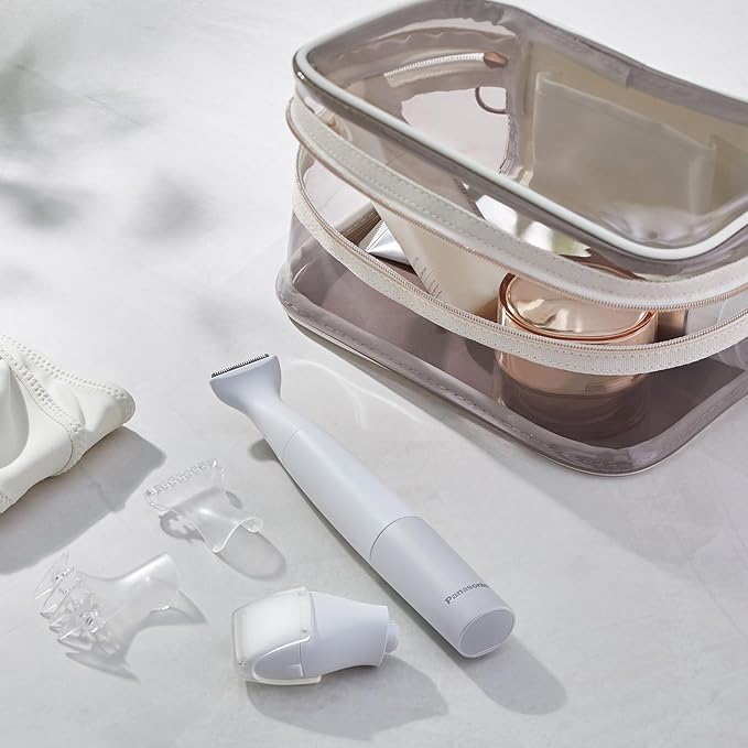 Panasonic Bikini Trimmer and Shaver for Women with 4 Attachments for Fast Easy Gentle Grooming in Intimate Areas, Use Wet/Dry, Electric Razor, Battery-Operated – ES-WV62-H (White/Silver)