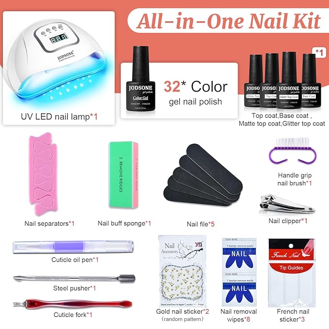 JODSONE Gel Nail Polish Kit with U V Light 32 Colors with Base Coat Matte Glitter Top Coat Gel Nail Set Manicure Salon Tools