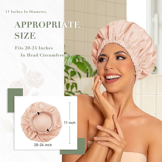 Reusable Shower Cap for Women, Large Waterproof Shower Essentials Bonnet Washable Elastic Band Bath Hair Wrap Hat for Long Hair, Braids(Pink&Beige)