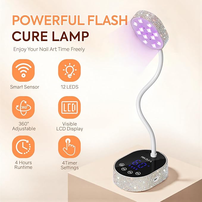 UV LED Nail Lamp 36W – Mini Cordless Flash Cure Gooseneck UV Light for Gel X Nails, Portable USB Rechargeable Nail Dryer with Auto Sensor, 4 Timers & LCD Display for DIY Home Manicure (Diamond)