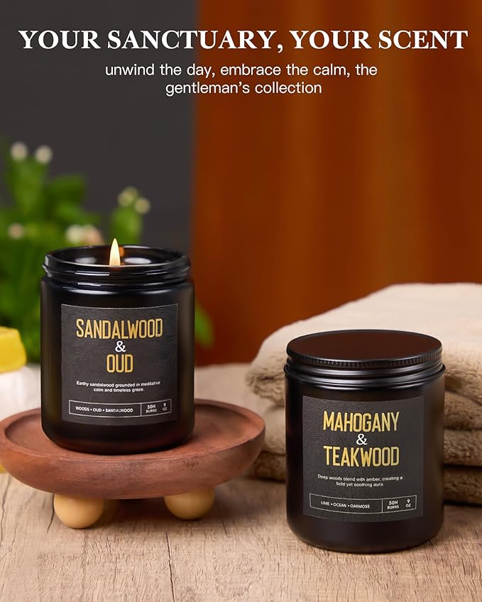 Crackling Wood Wick Candles for Men: 4 Pack 36oz Soy Scented Candles for Home Scented, Up to 200H Burning, Masculine Mens Candle Set, Aromatherapy Candle Gift Set for Fathers Birthday Christmas Gifts