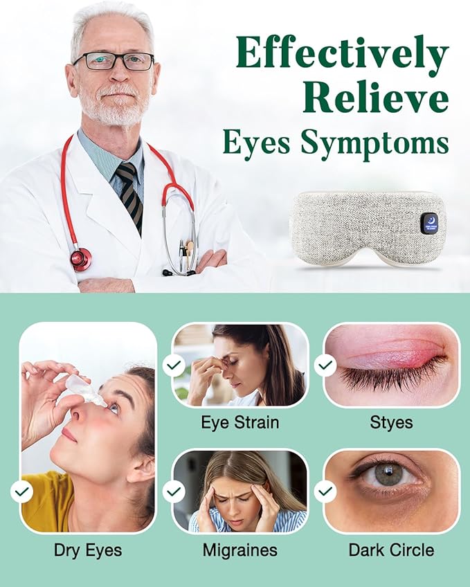 Heated Eye Mask for Dry Eyes, Cordless Warm Compress for Eyes, Light Blocking Eye Heating Pad, Styes, Sleep, Cover Washable, Rechargeable, Light Gray