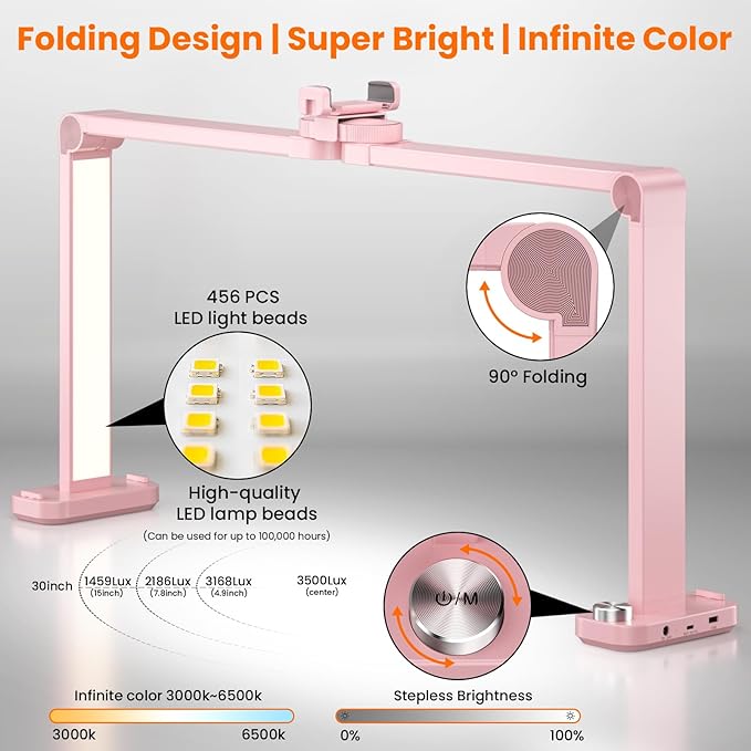 Nail Light for Desk,34 Inch 48W Half Moon Light-Adjustable 3000K-6000K Color Temp, 0-100% Brightness,Nails lamp with Phone Stand,for Nails Art,Tattoo,Eyebrow,Beauty,Reading,Salon
