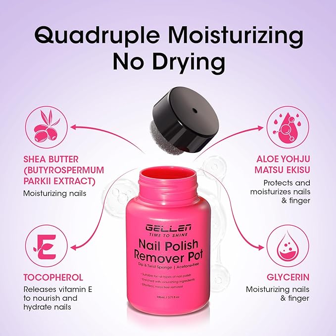 Gellen Nail Polish Remover, Dip Twist Sponge Nail Polish Remover Pot For Fingernail Toenail, Non-Acetone Fragrance Free, 5-9s Quick Removal, Lavender Scent No drying Formula Shea Butter & Vitamin E