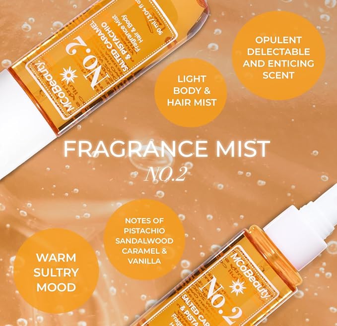 MCoBeauty - Fragrance Mist No.2 – Light Body Mist and Hair Perfume with Pistachio, Sandalwood, Caramel and Vanilla - Gifts for Women, Feminine Spray, Self Care Gifts for Women - 90ml Bottle