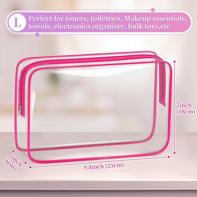 TISRATOK 12 PCS Clear Makeup Bag for Women with Zipper, TSA Approved Toiletry Pouch, Cosmetic Bag Bulk for Travel Organizer Essentials - Rose Red, Large