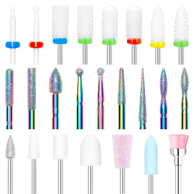 Modelones 24 Pcs Nail Drill Bit Set, 3/32” Ceramic Diamond Carbide Nail Drill Bits, Acrylic Gel Nail Bit Kit, Cuticle Remover Bits for Acrylic Gel Dip Powder Nail Manicure Pedicure