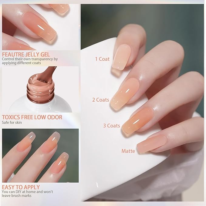 Artdone Sheer Gel Nail Polish Set - 6 Colors Translucent Pink Nude Brown UV Jelly Polish for All Seasons - Neutral Soak off LED Lamp Manicure Kit for Nail Art