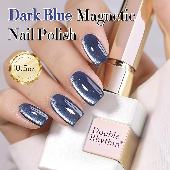 Double Rhythm 0.5 OZ Cat Eye Gel Polish with Magnet 15ML Holographic Glitter Shimmer Translucent Jelly Color Magnetic Polish Salon DIY at Home (Dark Blue-MC1044)