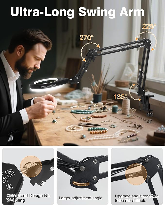 10X & 5X Magnifying Glass with Light, Ultra Long Swing Arm, 5 Colors & 10 Brightness, Real Glass Lens Large Magnifying Lamp for Craft Painting Workbench Jewelry Making Hobby Close Work (White)