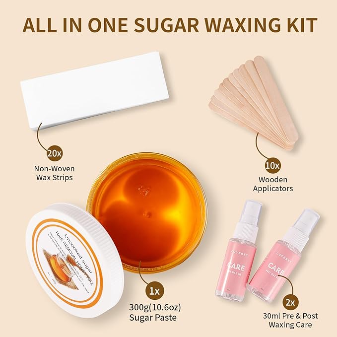 Sugar Wax Kit Suagring Kit: 300g/10.6oz Organic Sugaring Paste for Body Hair Removal - Includes Wax Strips & Sticks, Pre and Post Care Oils