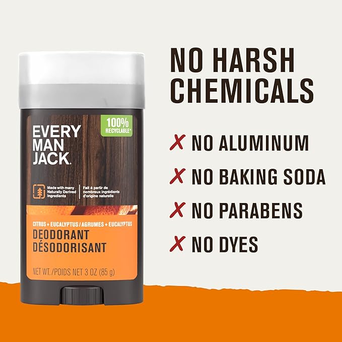 Every Man Jack Citrus + Eucalyptus Men’s Deodorant - Stay Fresh with Aluminum Free Deodorant For all Skin Types - Odor Crushing, Long Lasting, with Naturally Derived Ingredients - 3oz (2 Pack)