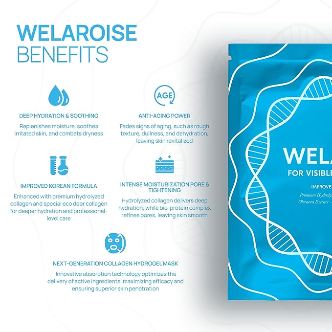 Welaroise Bio Protein Collagen Hydrogel Deep Face Mask +35% More Collagen, Intense Hydration & Moisturization, Firming, Anti-Aging, Skin Renewal, Korean Skincare (Pack of 5)