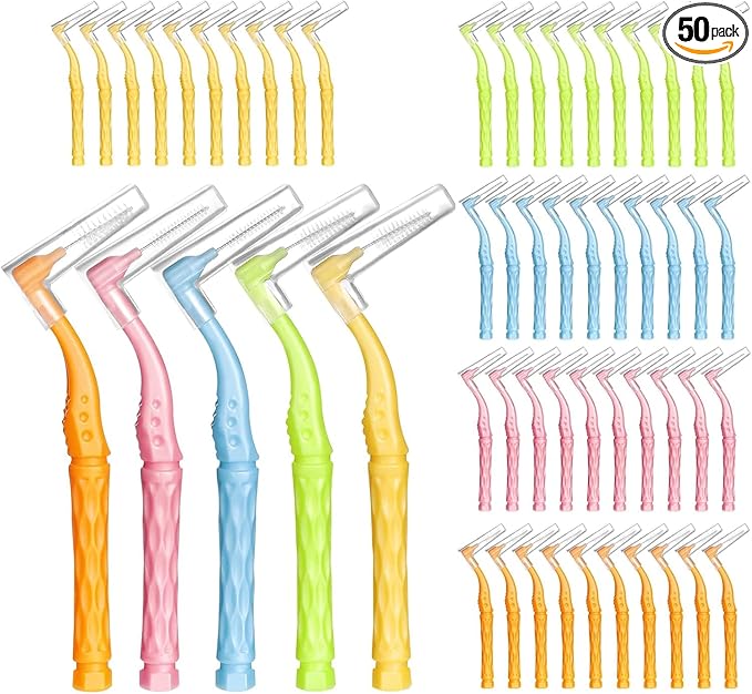 50pcs Interdental Brushes, 5 Sizes Braces Brush Set Soft Dental Brushes with Non-Slip Handle Angled Head Tooth Picks Floss Sticks Dental Floss Brushes for Braces Oral Cleaning