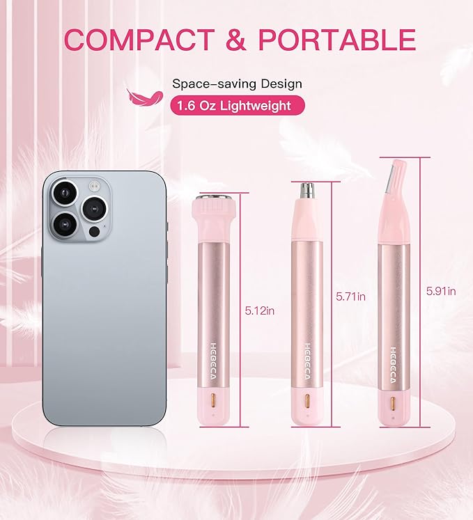 Nose Hair Trimmer for Women 3in1 Facial Hair Removal Trimmers- Rechargeable, Waterproof, Portable with Travel Bag- Trims Nose, Ear, Eyebrow, Peach-Fuzz, Lips, Chin Face Hair Remover (Rose Pink)