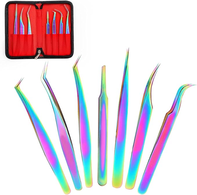 Eyelash Extension Tweezers Set, Fangze 7 Pcs Lash Kit Rainbow Stainless Steel Straight and Curved Tweezer for Nail Art Ingrown Hair Craft
