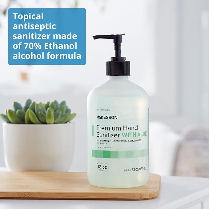 McKesson Hand Sanitizer with Aloe, 18 oz Pump Bottle [Pack of 12] Bulk, 70% Ethyl Alcohol, Spring Water Scent, No-Rinse Gel with Vitamin E and Moisturizers, Medical-Grade Sanitizer