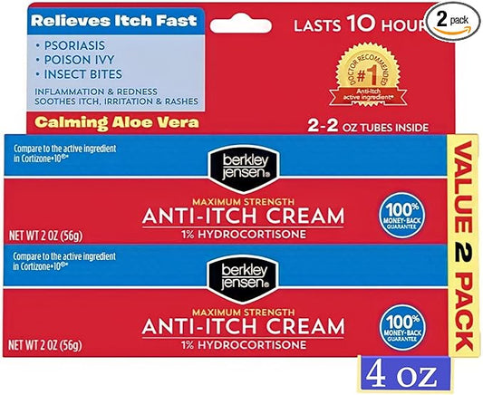Berkley Jensen Maximum Strength Anti-Itch Cream (4 oz.), with Calming Aloe Vera, 1% Hydrocortisone Itch Relief for Eczema, Psoriasis, Bug Bites, Poison Ivy, Oak and Sumac, 2 oz. Tube (Pack of 2)