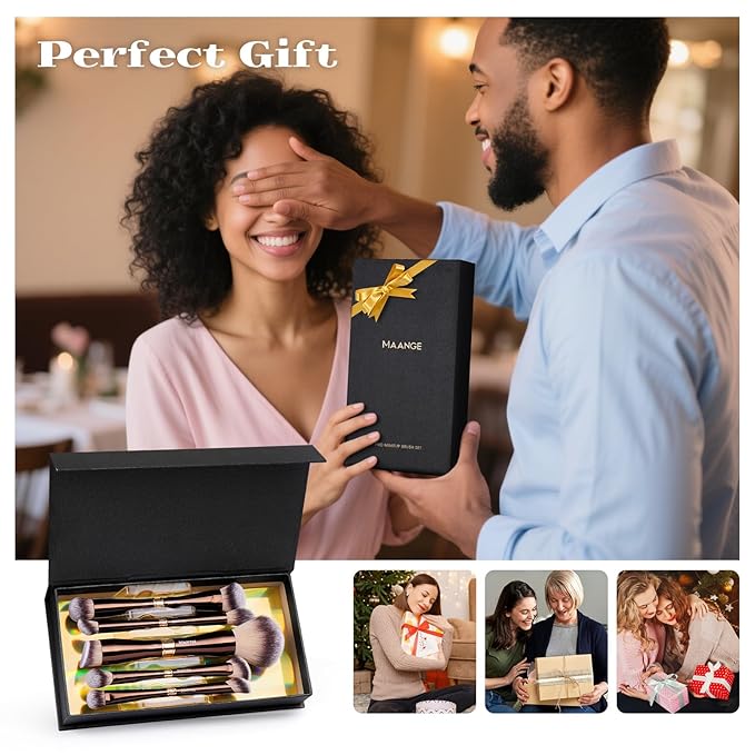 MAANGE Makeup Brush Set Double-ended Kabuki Makeup Brushes For Foundation Contour Liquid Powder Concealer Eye Shadows Cream Cosmetics Blending Blush Makeup Tools (Coffee Brown, 5 PCS)