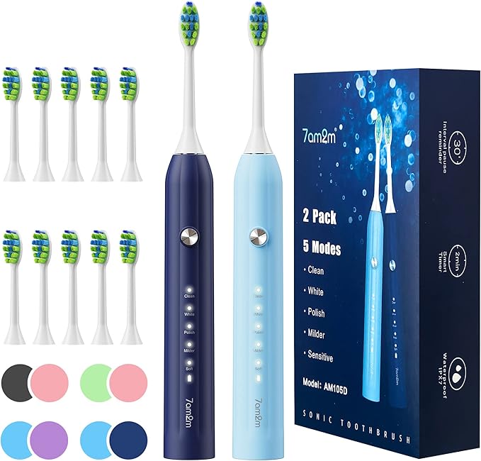 7AM2M Rechargeable Sonic Electric Toothbrush 2 Pack, Soft Toothbrushes for Adults and Kids with 12 Brush Heads, IPX7 One Charge Use for 90 Days, 5 Modes with 2 Minutes Build in Smart Timer