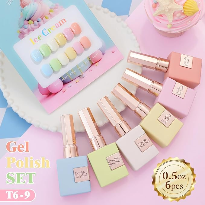 Double Rhythm 6 Pcs 15 ML Gel Polish Set Same Color Same Bottle Soak Off Gel Polish Kit Nail Art Manicure Salon DIY at Home for Women (Blue Green Beige Yellow Pink Orange-T6-9)