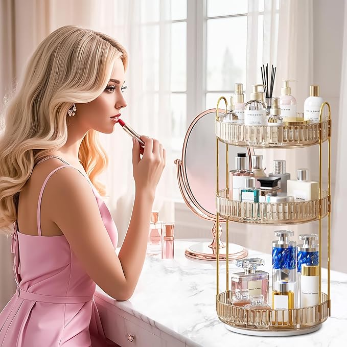 GTI 360°Rotating Makeup Organizer, 3 Tier Large Capacity Perfume Cosmetics Skincare Vanity Organizers,Bathroom Counter Organizer, Dresser Spinning Countertop Organizer and Storage for Women (Gold)