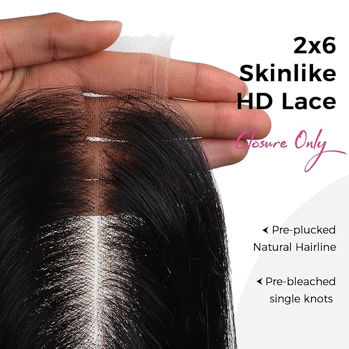Lashey 2x6 SKINLIKE HD Lace Closure Human Hair Straight, 0.10mm Ultra-Thin Invisible HD Lace, Pre-Bleached Knots and Pre-Plucked Hairline 18 Inch Natural Black