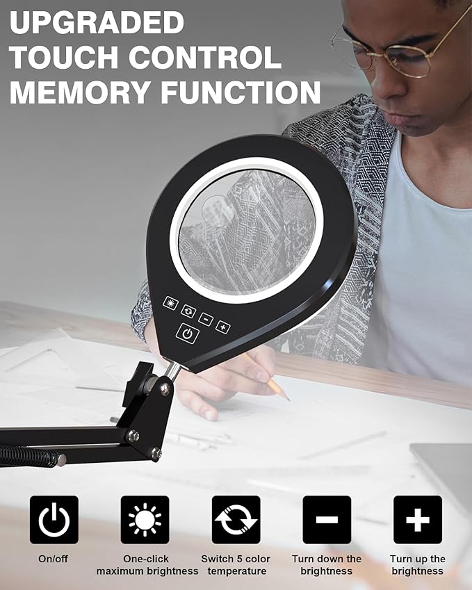 10X & 5X Magnifying Glass with Light, Ultra Long Swing Arm, 5 Colors & 10 Brightness, Real Glass Lens Large Magnifying Lamp for Craft Painting Workbench Jewelry Making Hobby Close Work (White)