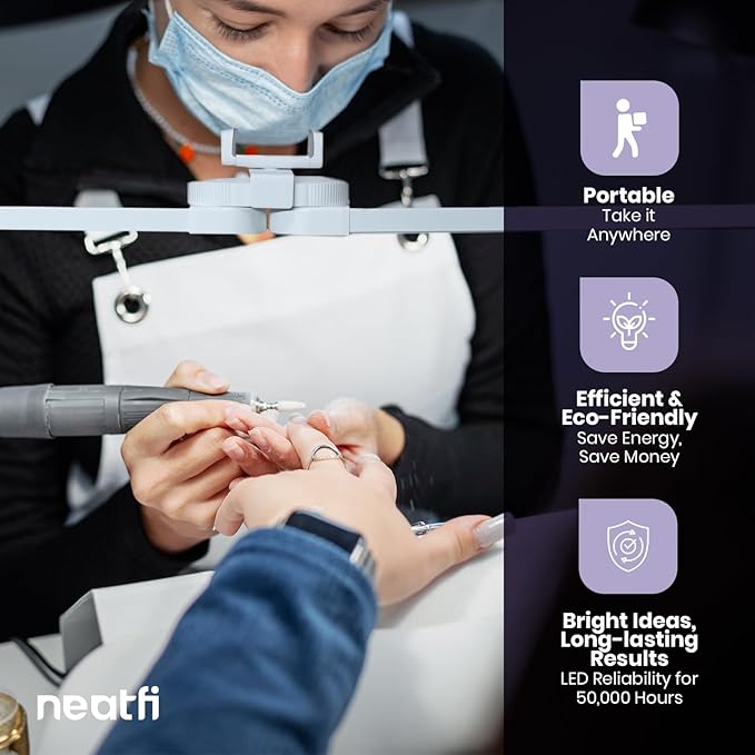 Neatfi LED Nail Tech Light, Desk Lamp for Nail Techs, Estheticians, Manicures, Facials, Threading, 40W, 3500 Lumens, Knob Control, Lampara para Mesa De Manicurista (with Charging Port, White)