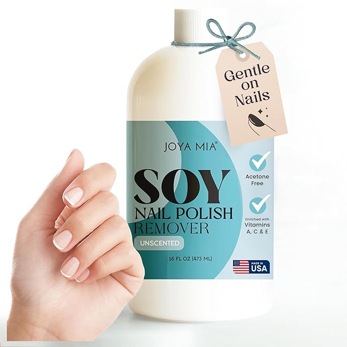JOYA MIA Soy Nail Polish Remover - Acetone-Free w/Hydrating Ingredients, Nourishing Soy-Based Nail Care, Vegan, Gentle on Cuticles, Great for Quick & Clean Removal, Easy Application - Unscented, 16oz