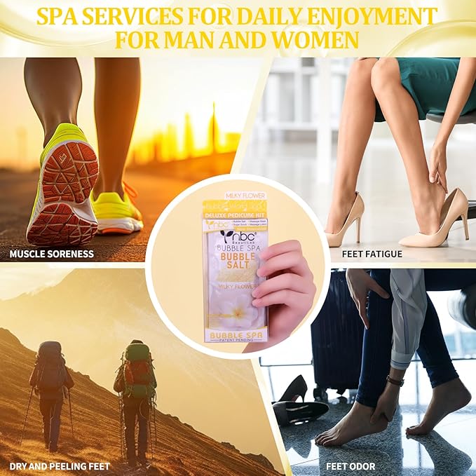 Pedicure Kit Foot Soak Set: Bubble Salt, Sugar Scrub, Massage Mask, Massage Lotion in a Box, 4 Step Foot Spa Kit for Dry Feet, Calluses and Tired Feet(3 Set Milky Flower)
