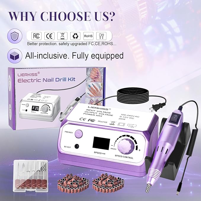 Electric Nail File Nail Drill Professional 35000RPM Nail Dril Electric E Filer for Nails with 100pcs Sanding Bands and Nail Drill Bits for Acrylic, Gel Nail Manicure & Pedicure
