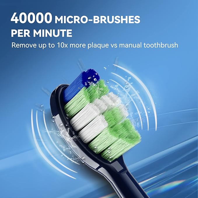 JTF Sonic Electric Toothbrush for Adults - Fast Rechargeable Toothbrush with Travel Case and 6 Brush Heads, 5 Modes Smart Toothbrushes, Navy Blue