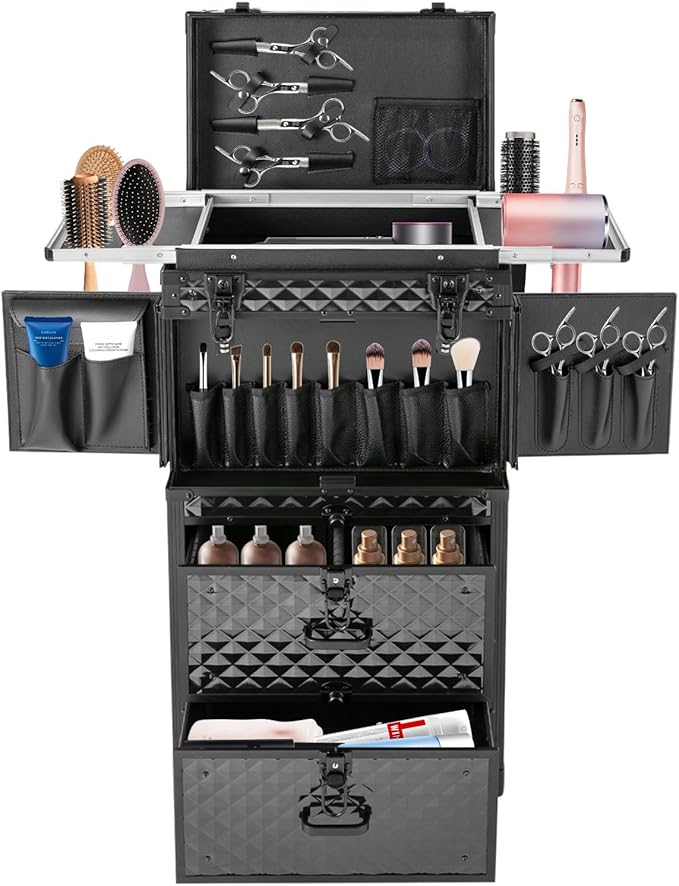 Cosmetic Train Case,Makeup Organizer Travel Case with Multiple Compartments,Rolling Makeup Case,Professional Makeup Casewith Wheels for Make-up Artists,33.07Lbs Load-Bearing