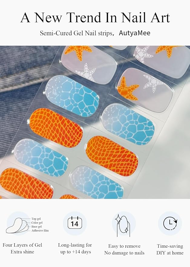 Semi Cured Gel Nail Strips (Blue Ocean), Starfish, Summer, 20 Pcs Gel Nail Wraps, Stickers, UV Light Required, Salon Quality
