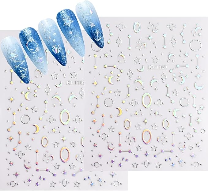12 Sheets Aurora Nail Stickers for Nail Art 3D Self Adhesive Moon Star Nail Art Stickers Aurora Nail Decals Glitter Holographic Nail Design Heart Nail Art Supplies DIY Manicure Decorations for Women