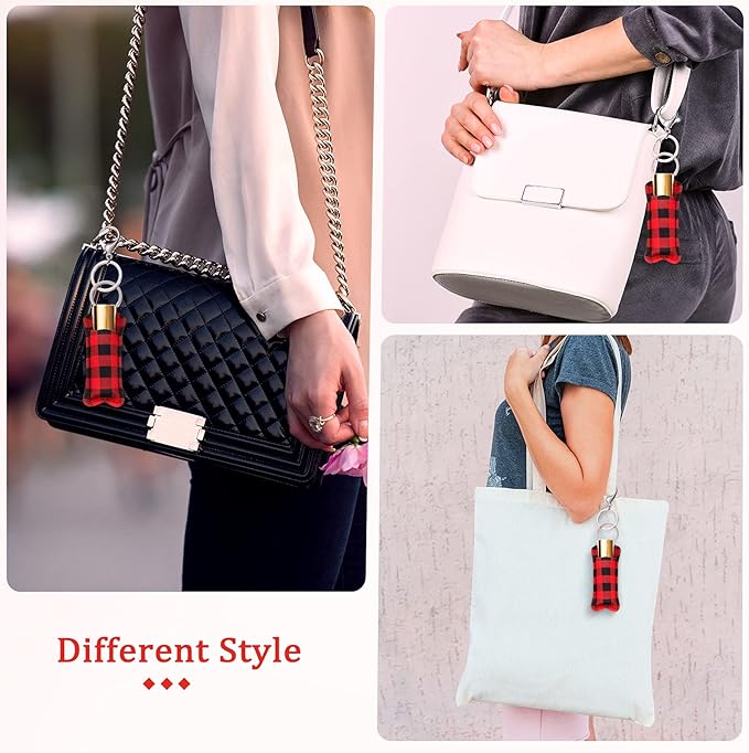 MTLEE 40 Buffalo Plaid Lipstick Holder Keychains Red and Black Lip Balm Sleeve Pouch Lipstick Holder Keychains with Metal Clip Cords Lip Balm Keychain Set for Women Girls Christmas Decoration