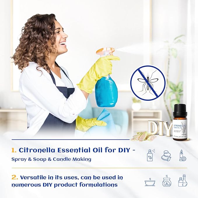 HIQILI 0.33 Fl Oz Citronella Oil for Homemade Sprays, Add to Diffuser, 100% Pure and Natural Undiluted, Portable - 10ml