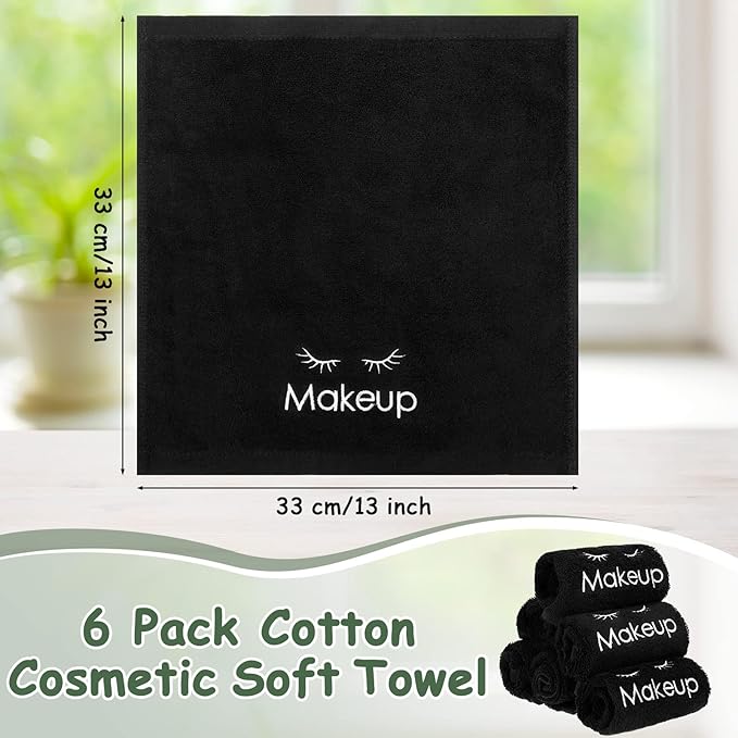 Shimeyao 13x13 Inch Makeup Washcloths Reusable Makeup Remover Cloths Facial Cleansing Towels Cotton Cosmetic Towel Water Absorbent Cloth Face Towels for Women Skin Care, Black (6 Pcs,Classic Style)