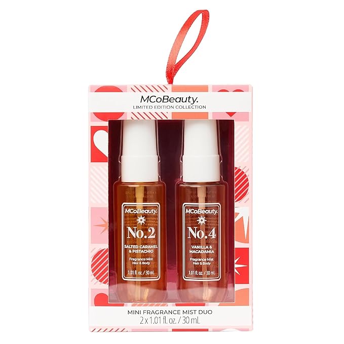 MCoBeauty - Mini Fragrance Mist Duo, No. 2 & No. 4, Limited Edition Travel-Size Body & Hair Perfume Sprays with Pistachio & Caramel Notes, Holiday Collection, Cruelty Free Fragrance Gift Set