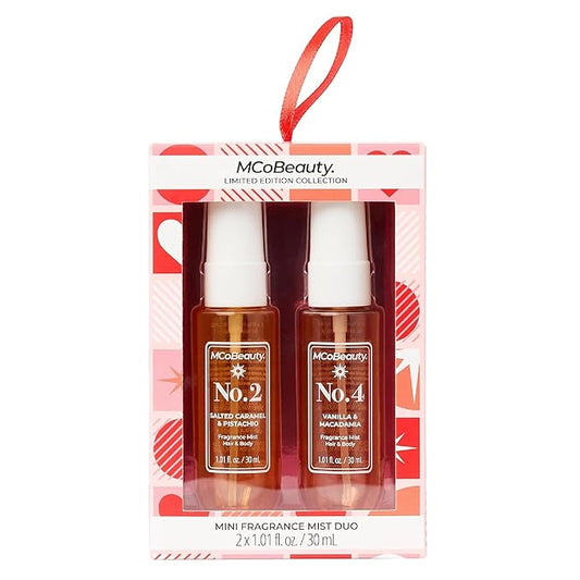 MCoBeauty - Mini Fragrance Mist Duo, No. 2 & No. 4, Limited Edition Travel-Size Body & Hair Perfume Sprays with Pistachio & Caramel Notes, Holiday Collection, Cruelty Free Fragrance Gift Set