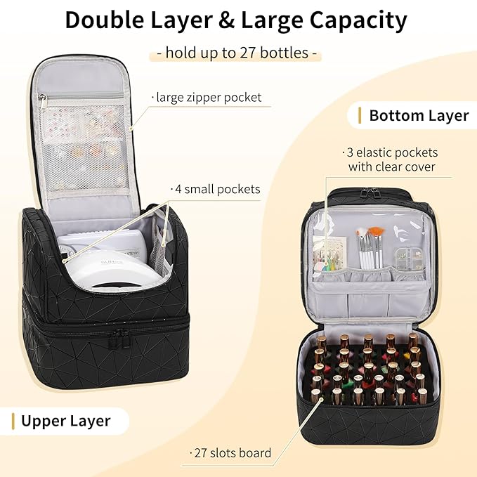 CUBETASTIC Nail Polish Organizer, Cute Nail Tech Organizers And Storage Bag Holds 45 Bottles & UV Nail Lamp, Compact Double-Layer Travel Nail Supplies Case for Nail Kit (Triangle Black, 27 Slots)