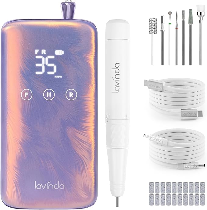 Lavinda Professional Nail Drill - 35,000 RPM Rechargeable Electric Nails File with Coreless Motor, Fast Charge & 3000mAh, 8-Piece Nail Drill bits Set for Manicure/Pedicure (Iridescent Pearl)