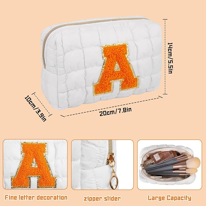 Initial Checkered Makeup Bag, Large Quilted Cosmetic Bag, Cute Make up Pouch for Purse, Travel Toiletry Storage Bag for Women Preppy Teen Girls Gift Trendy Stuff Gift (White E)