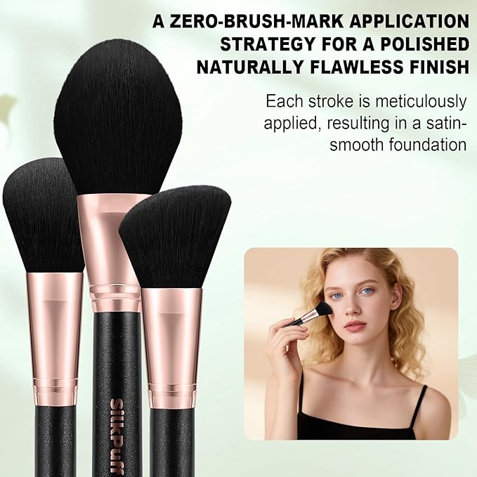 Silkpuff Makeup Brushes Set 15 Pcs Professional, Travel Makeup Brushes With Brush Case, Pearlescent Wood Handle, Premium Cruelty-Free Synthetic Fiber Hair, Foundation Concealer Eye Shadow Blush（Black）