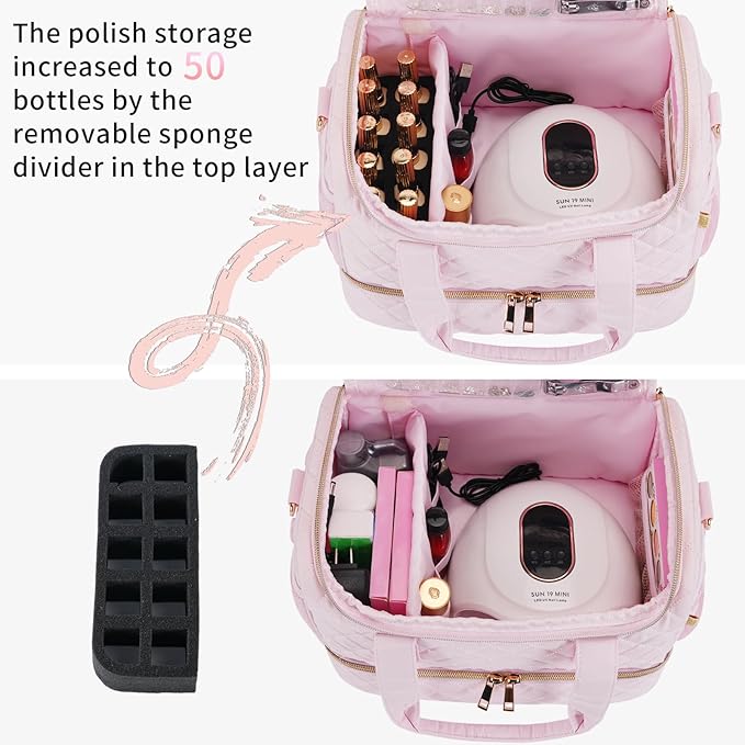 Nail Polish Organizer Case,Nail Storage Organizer Holds Nail Lamp & 50 Bottles Nail Polish,Travel Nail Tech Case,Nail Kit Organizer Bag Fits Nail Supplies & Manicure Tools,Pink (Patented)